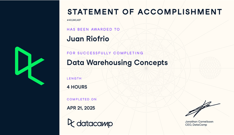 Certificado DataCamp: Data Warehousing Concepts