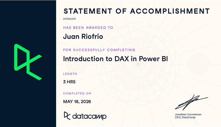 Certificado DataCamp: Introduction to DAX in Power BI